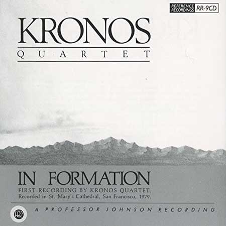 Kronos Quartet album cover titled "In Formation," featuring a black and white image of a mountain range against a cloudy sky. The album title and band name are printed in white against a dark background.